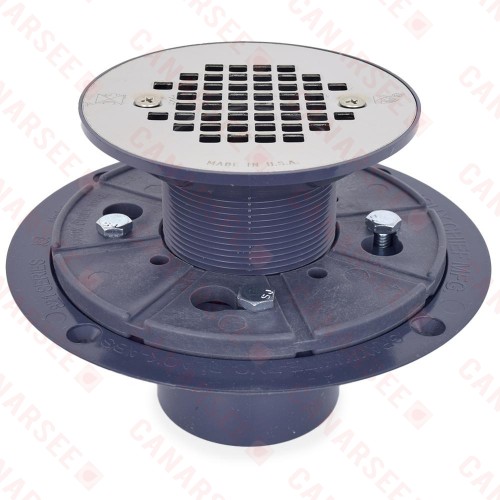 Round PVC Shower Pan Drain w/ Screw-on 19-Gauge St. Steel Strainer, 2" Hub x 3" Inside Fit (less test plug)