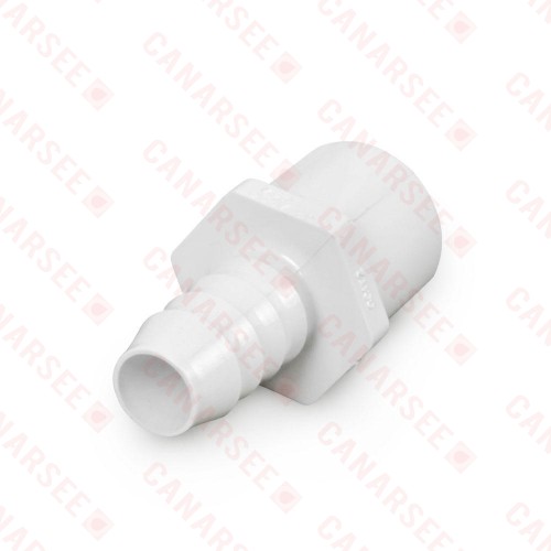 3/4" Barbed Insert x 1" Spigot (3/4" Socket) Nesting PVC Adapter, Sch 40, White