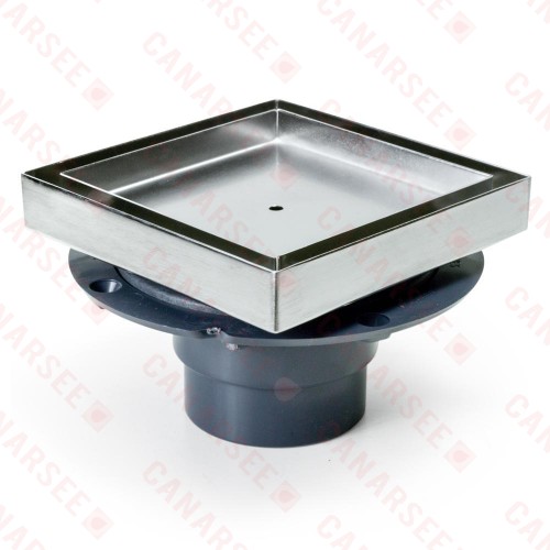 Square Tile-in PVC Shower Pan Drain w/ 5" x 5" St. Steel Tile Insert Grate, 2" Hub (less test plug)