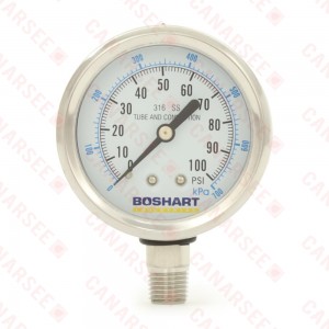 0-100 psi, 304 St. Steel Pressure Gauge, 2-1/2" Dial, 1/4" NPT (Lead-Free)..