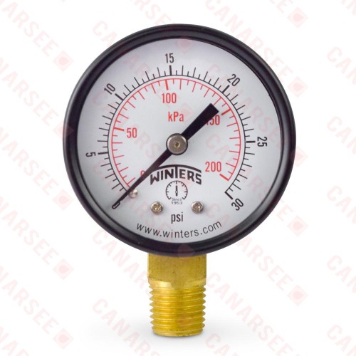 0-30 psi Pressure Gauge, 2" Dial, 1/4" NPT