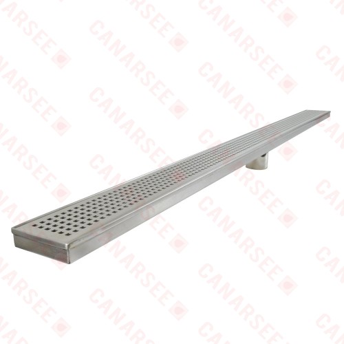 48" long, StreamLine Stainless Steel Linear Shower Pan Drain w/ Square Holes Strainer, 2" PVC Hub