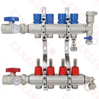 4 Branch Stainless Steel PEX Heating Manifold w/ 1/2” PEX adapters