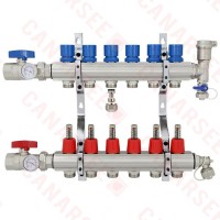 6 Branch Stainless Steel PEX Heating Manifold w/ 1/2” PEX adapters