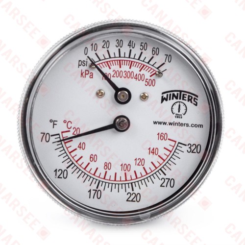 Tridicator Gauge, 70-320F, 0-75 psi, 1/4" NPT w/ Extension, 2-1/2" Dial