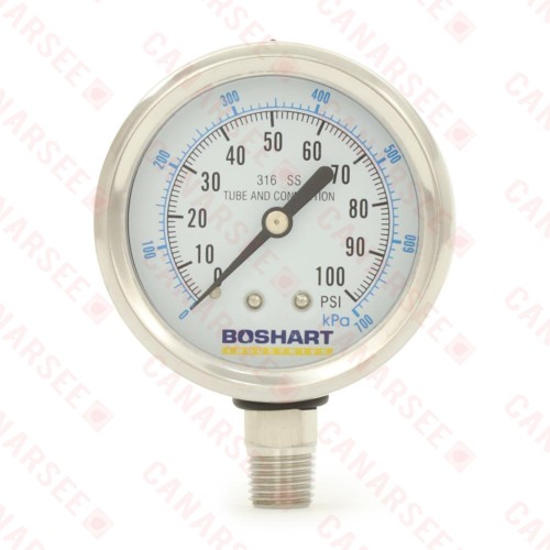 0-100 psi, 304 St. Steel Pressure Gauge, 2-1/2" Dial, 1/4" NPT (Lead-Free)..