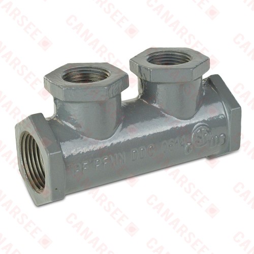 2-Branch Gas Manifold, 1" FIP Inlet/Outlet x 3/4" FIP Branches