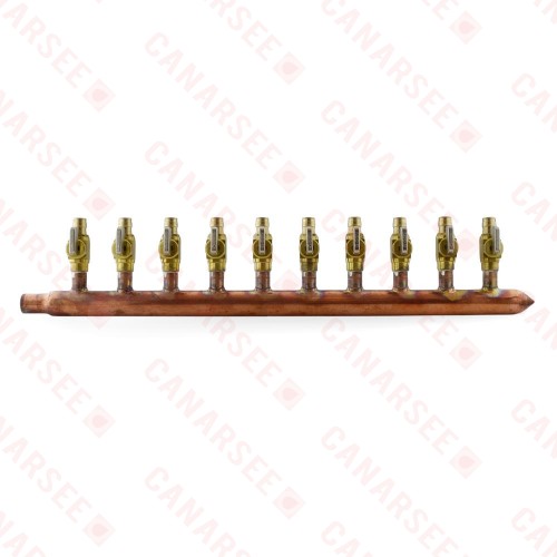 10-branch 1/2” PEX-A Copper Manifold w/ Valves, 3/4” M. Sweat x Closed, LF