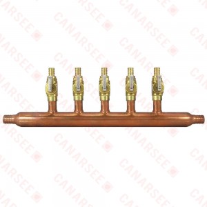 5-port Copper Manifold with 1/2" PEX Valves, 3/4" PEX x Open