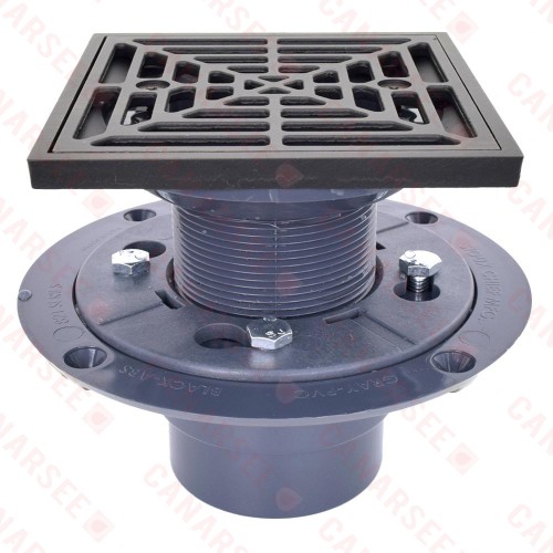 Square PVC Shower Tile/Pan Drain w/ Oil Rubbed Bronze Strainer, 2" Hub x 3" Inside Fit (less test plug)