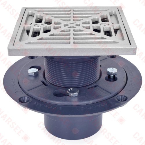 Square PVC Shower Tile/Pan Drain w/ Matte St. Steel Strainer, 2" Hub x 3" Inside Fit (less test plug)