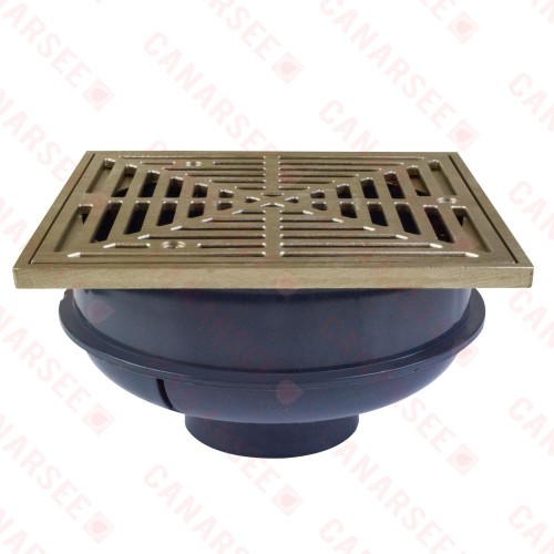 QuadDrain Square Floor Drain w/ Nickel Bronze Strainer & Ring, PVC 2" Hub x 3" Inside Fit