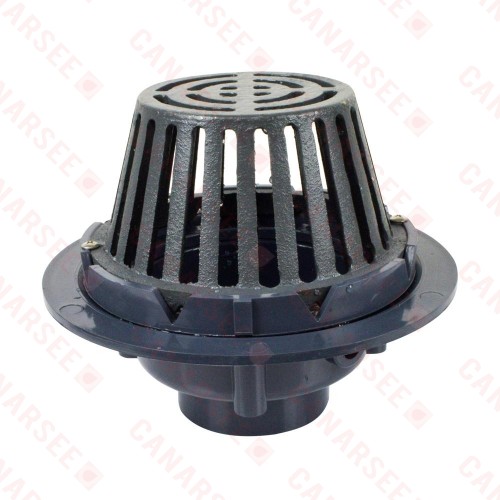 PVC Roof Drain w/ Enameled Cast Iron Dome Strainer, 3" PVC Hub
