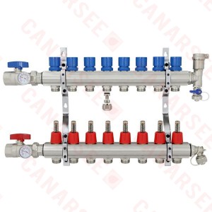 8 Branch Stainless Steel PEX Heating Manifold w/ 1/2” PEX adapters