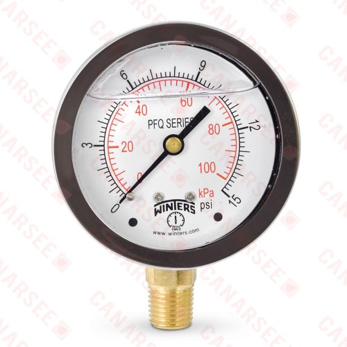 0-15 psi Liquid Filled Pressure Gauge, 2-1/2" Dial, 1/4" NPT