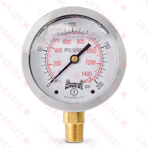 0-200 psi Liquid Filled Pressure Gauge, 2-1/2" Dial, 1/4" NPT