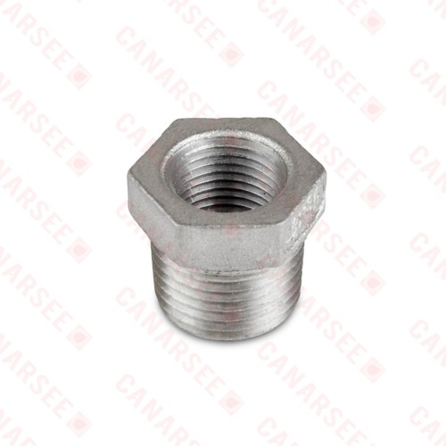1/2" x 3/8" 304 Stainless Steel Hex Bushing, MNPT x FNPT threaded