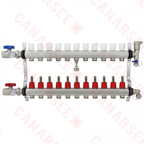 Rifeng SSM111 11-branch Radiant Heat Manifold, Stainless Steel, for PEX, 1/2" Adapters Incl.